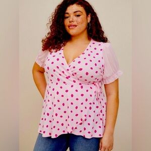 Torrid Studio Knit Chiffon Puff Sleeve Surplice Top Pink Size 1X Dark Pink Lips